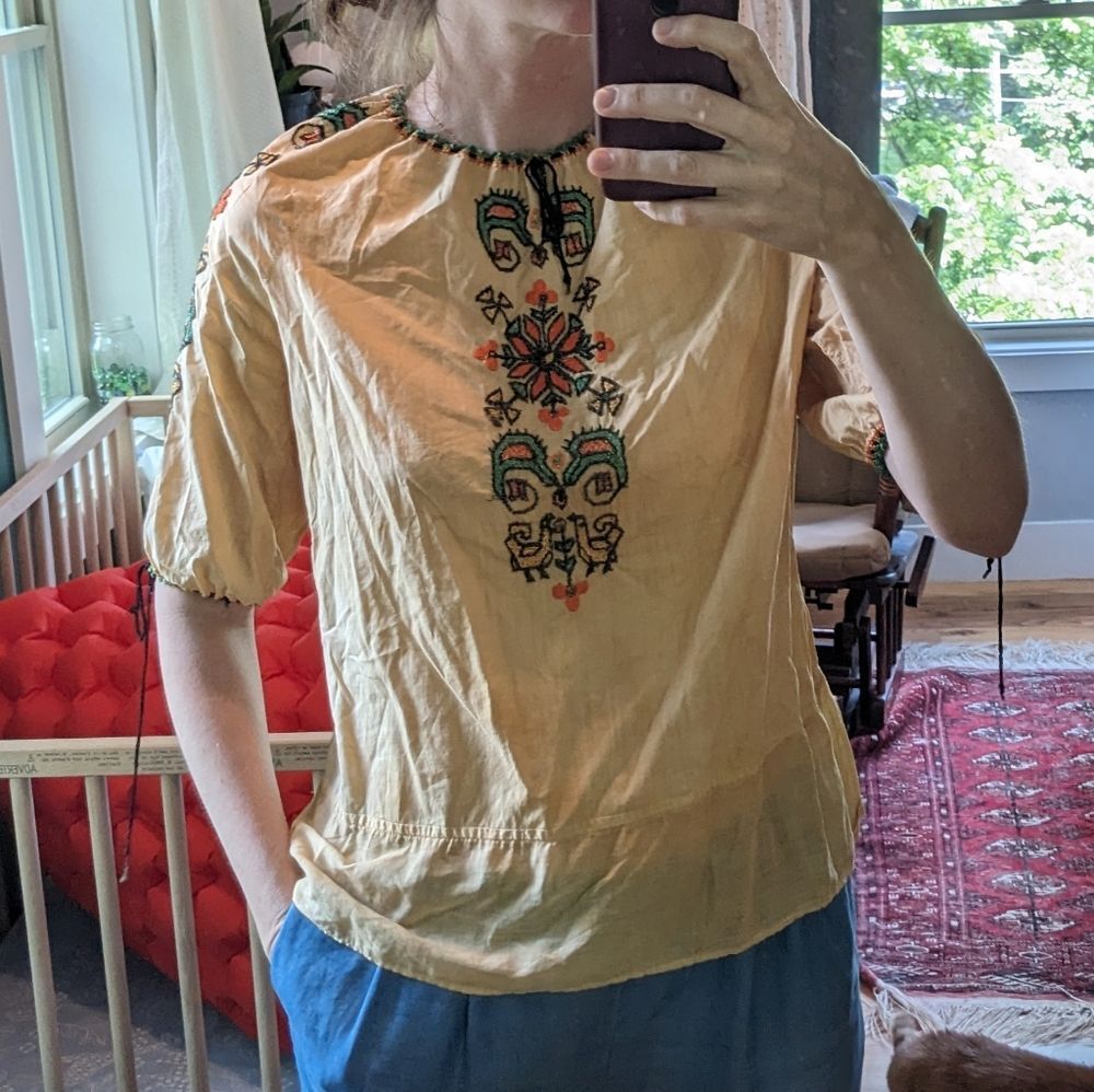 Vintage hand-dyed yellow boho embroidered peasant blouse